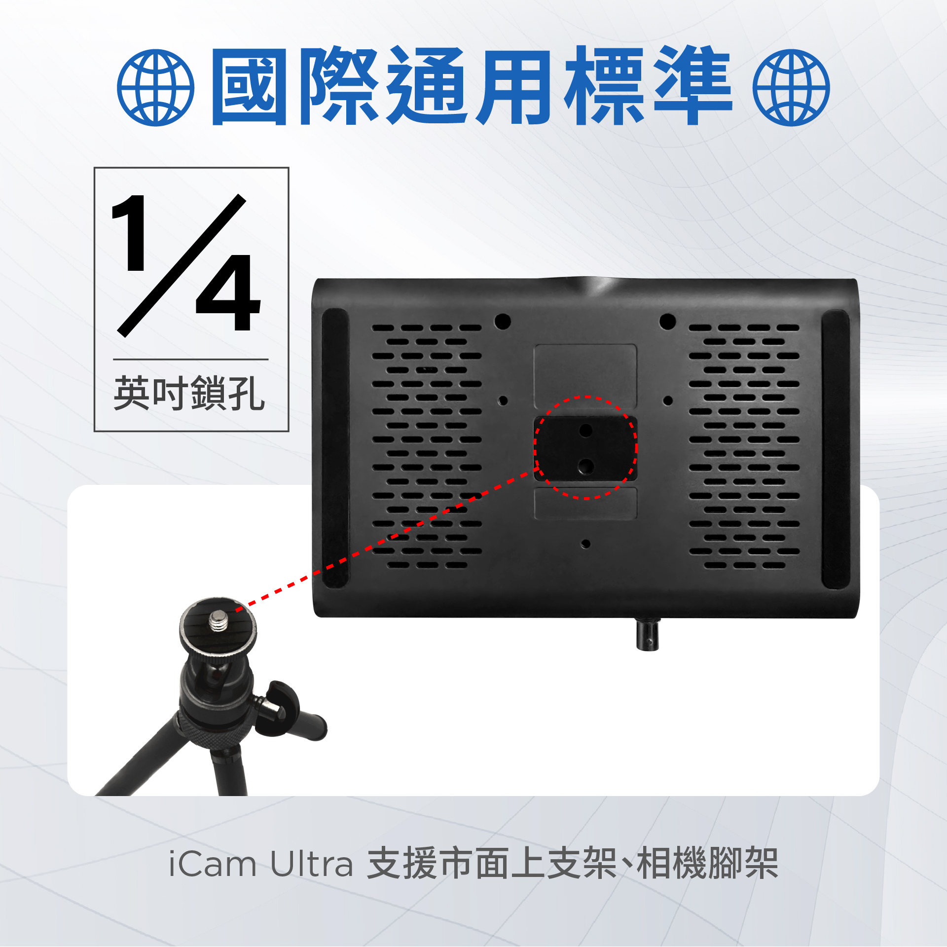 iCam Ultra摄影机采用国际标准1/4寸螺丝孔